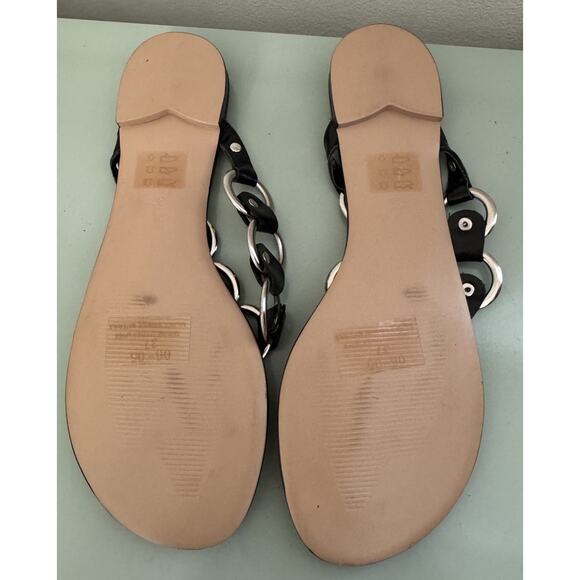 Vintage St Tropez Thong Sandals Sz 37 Vintage Y2K Black Metal Ring Chain Leather - Picture 2 of 4